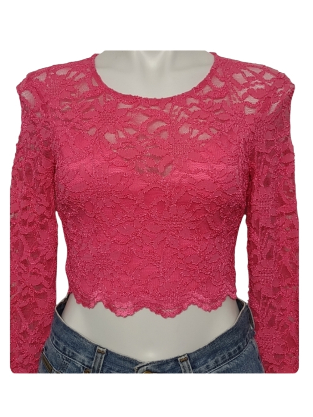 Pink Lace Long-Sleeve Crop Top B Darlin Size 7/8 Barbie FairyCore Y2K